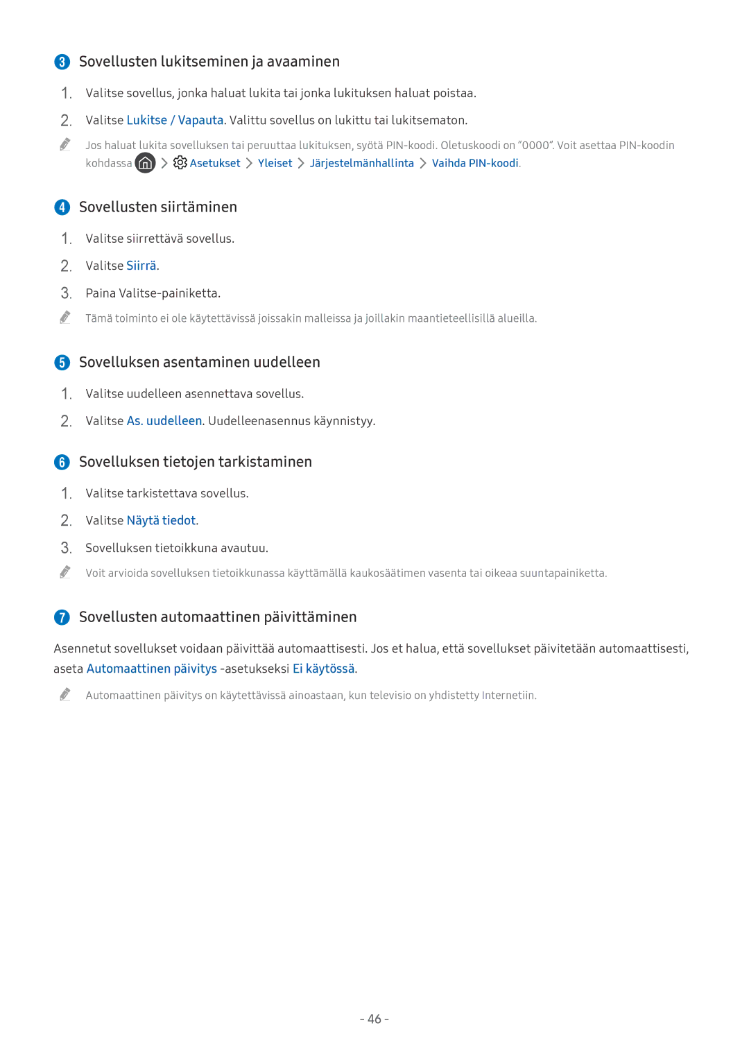 Samsung UE55MU7075TXXC, UE40MU6455UXXC, QE75Q7FAMTXXC manual  Sovellusten lukitseminen ja avaaminen,  Sovellusten siirtäminen 